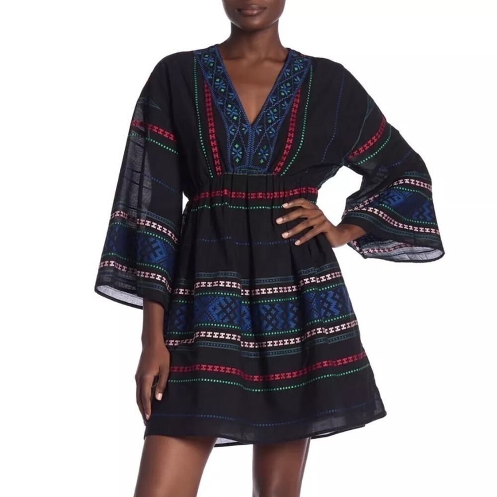 Joie - Shada Dress - Black Embroidered Boho Dress with Bell Sleeves - Size M